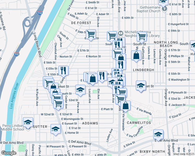 map of restaurants, bars, coffee shops, grocery stores, and more near 416 East Louise Street in Long Beach