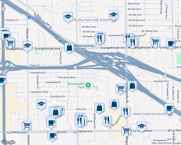 map of restaurants, bars, coffee shops, grocery stores, and more near 1435 North Stoneyhaven Lane in Anaheim
