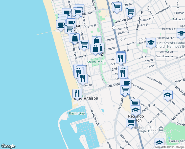 map of restaurants, bars, coffee shops, grocery stores, and more near 301 2nd Street in Hermosa Beach