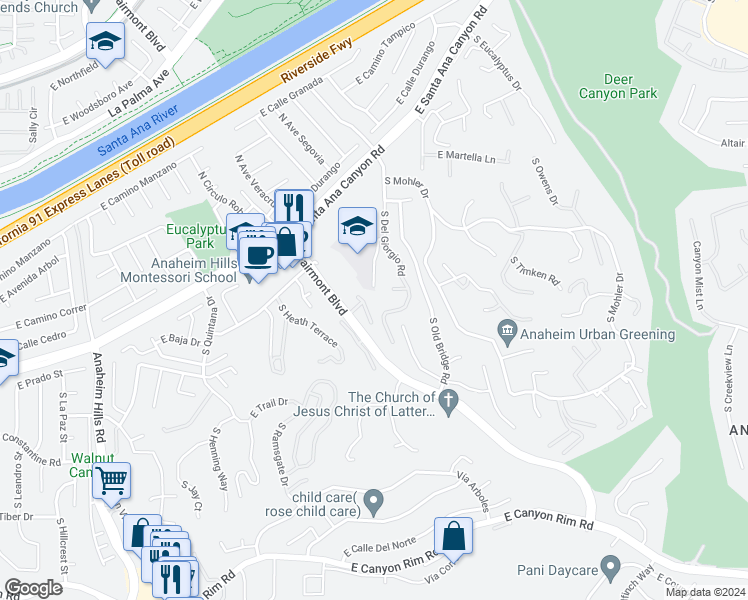 map of restaurants, bars, coffee shops, grocery stores, and more near 260 South Willowcreek Lane in Anaheim
