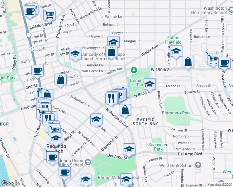 map of restaurants, bars, coffee shops, grocery stores, and more near 1302 Amethyst Street in Redondo Beach