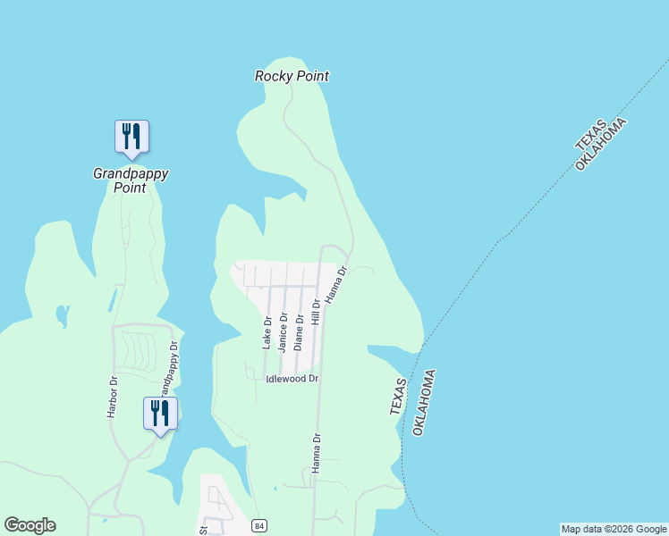 map of restaurants, bars, coffee shops, grocery stores, and more near 1069 Hanna Drive in Denison