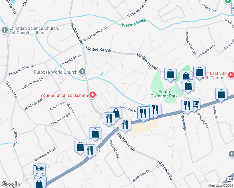 map of restaurants, bars, coffee shops, grocery stores, and more near 3149 Ashwood Grove Park in Snellville