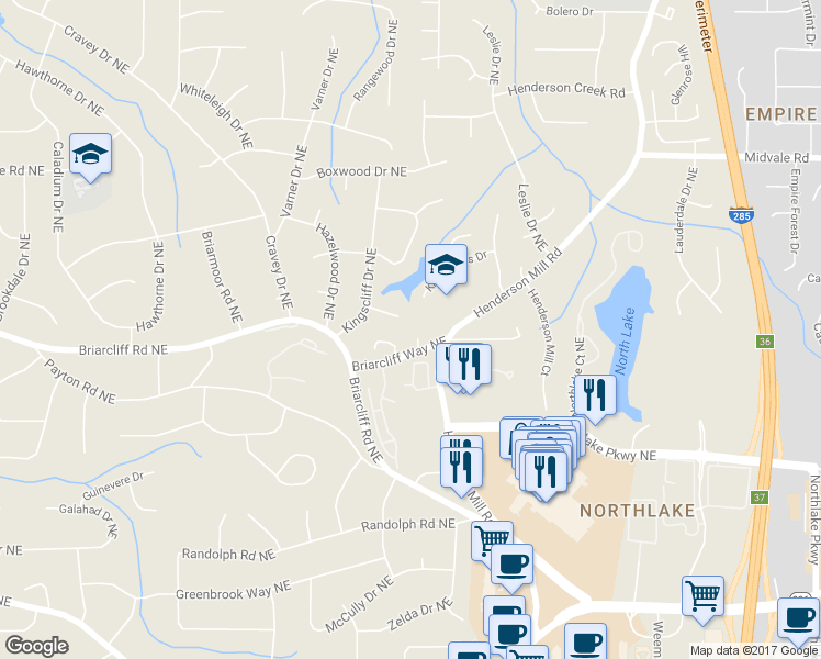map of restaurants, bars, coffee shops, grocery stores, and more near 2416 Magnolia Springs Ct in Atlanta