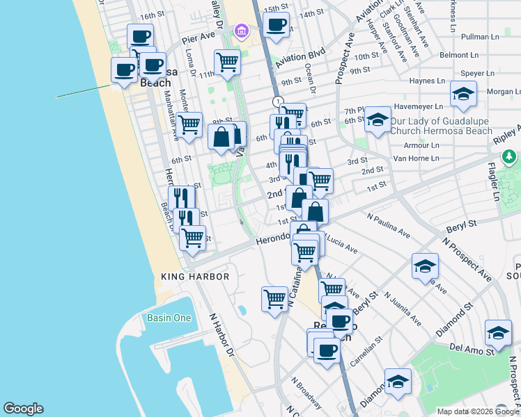 map of restaurants, bars, coffee shops, grocery stores, and more near 136 Hill Street in Hermosa Beach