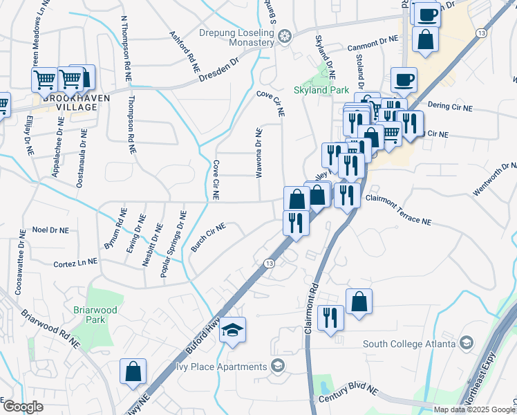 map of restaurants, bars, coffee shops, grocery stores, and more near 2641 Drew Valley Road Northeast in Atlanta