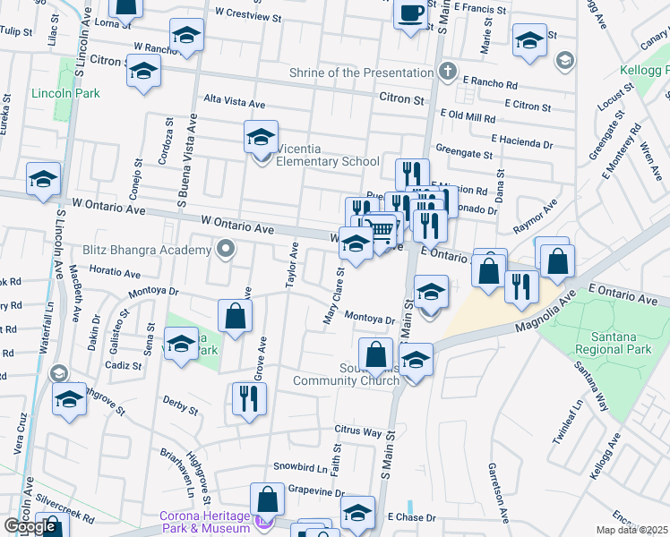 map of restaurants, bars, coffee shops, grocery stores, and more near 2272 Mary Clare Street in Corona