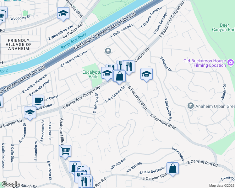 map of restaurants, bars, coffee shops, grocery stores, and more near 154 South Canyon Woods Road in Anaheim