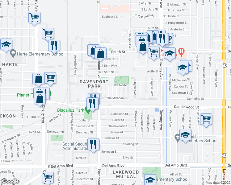 map of restaurants, bars, coffee shops, grocery stores, and more near 5450 Paramount Boulevard in Long Beach