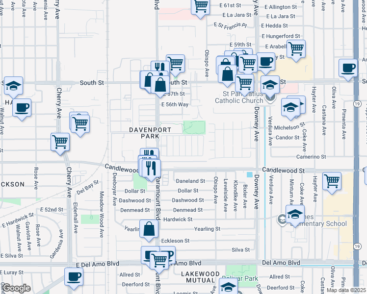 map of restaurants, bars, coffee shops, grocery stores, and more near 5450 Paramount Boulevard in Long Beach