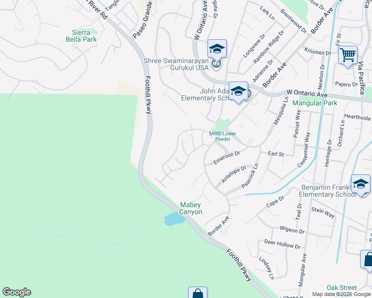 map of restaurants, bars, coffee shops, grocery stores, and more near 1741 Mojave View Circle in Corona
