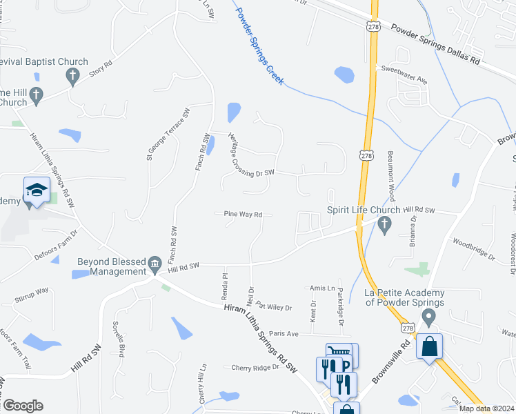 map of restaurants, bars, coffee shops, grocery stores, and more near 5220 Pine Way Road in Powder Springs