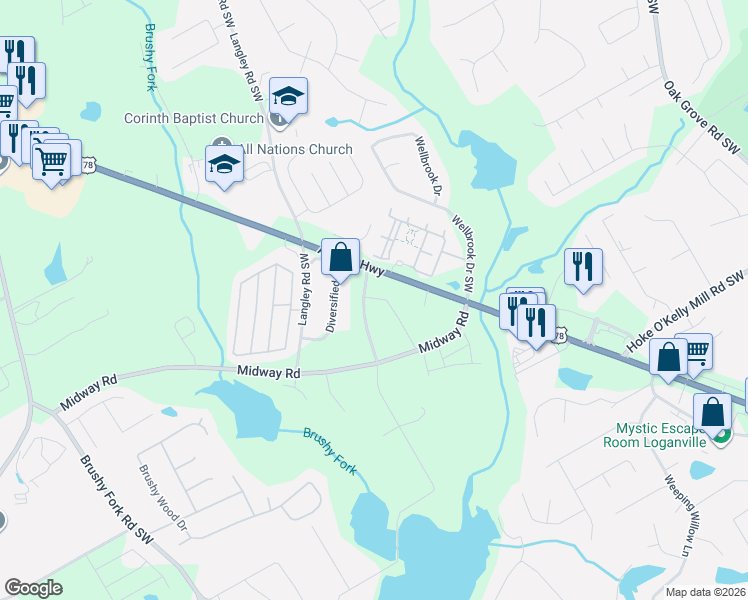map of restaurants, bars, coffee shops, grocery stores, and more near 3455 Palmer Drive in Loganville