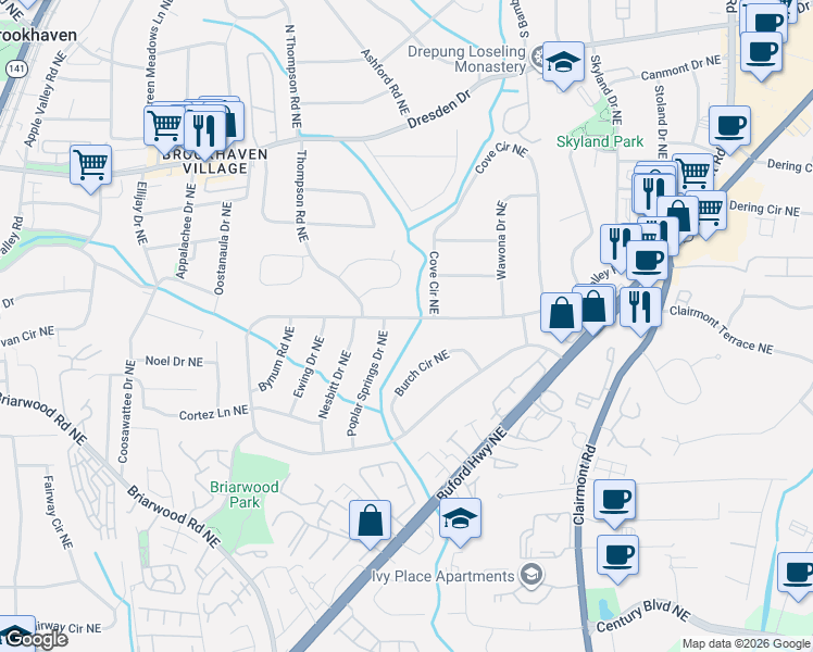 map of restaurants, bars, coffee shops, grocery stores, and more near 2393 Poplar Springs Drive Northeast in Atlanta