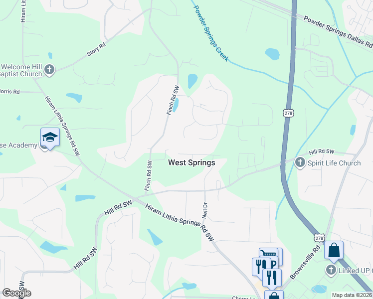 map of restaurants, bars, coffee shops, grocery stores, and more near 5235 Pine Way Road in Powder Springs