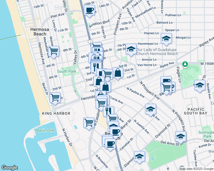 map of restaurants, bars, coffee shops, grocery stores, and more near 844 1st Street in Hermosa Beach