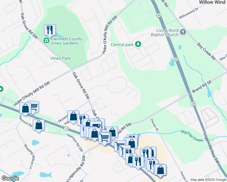 map of restaurants, bars, coffee shops, grocery stores, and more near 76 Shadowbrooke Circle Southwest in Loganville