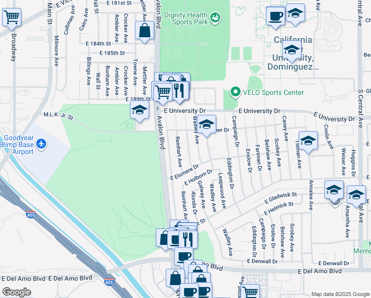 map of restaurants, bars, coffee shops, grocery stores, and more near 19327 Galway Avenue in Carson