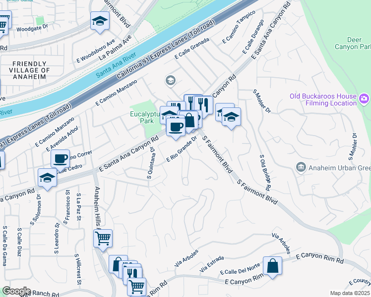 map of restaurants, bars, coffee shops, grocery stores, and more near 154 South Canyon Woods Road in Anaheim