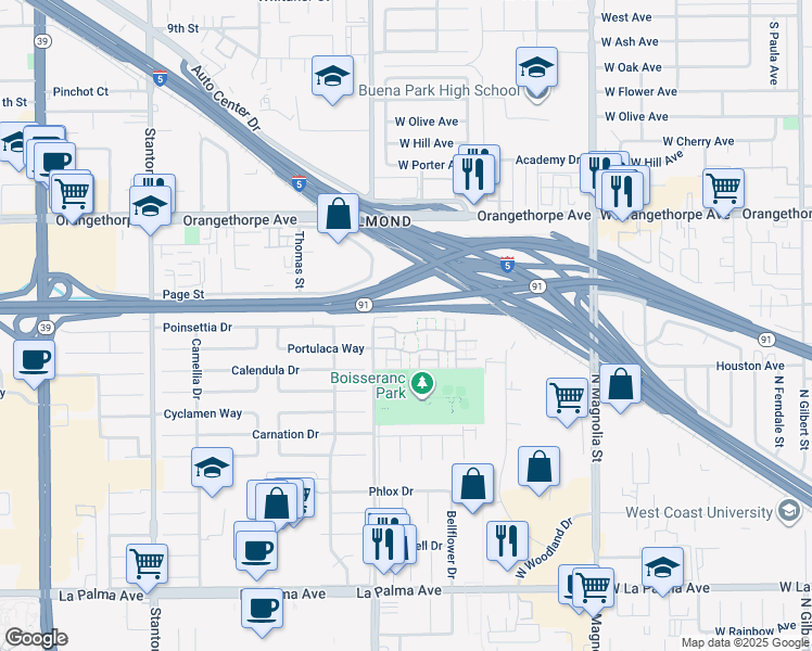 map of restaurants, bars, coffee shops, grocery stores, and more near 1421 North Greenhaven Lane in Anaheim