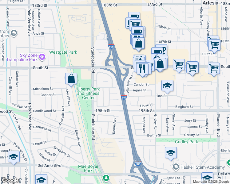 map of restaurants, bars, coffee shops, grocery stores, and more near 11120 Agnes Place in Cerritos