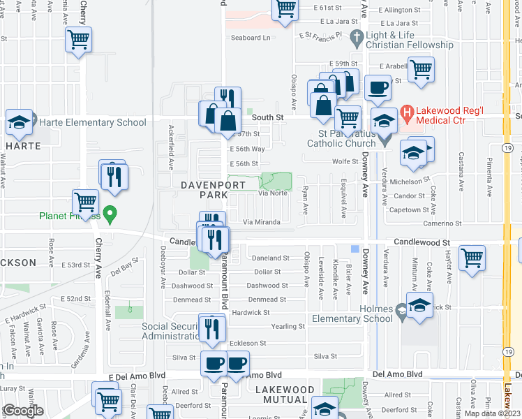 map of restaurants, bars, coffee shops, grocery stores, and more near 5450 Paramount Boulevard in Long Beach
