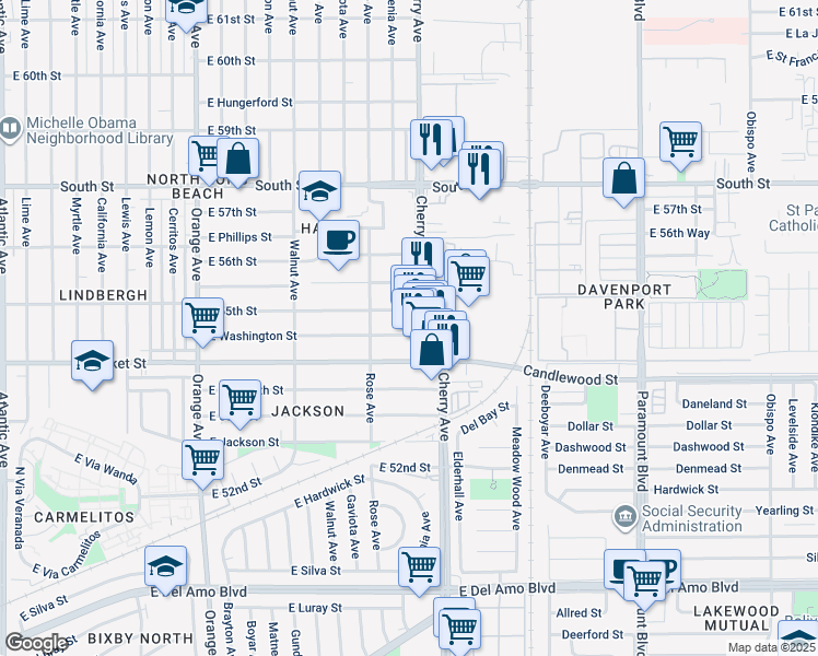 map of restaurants, bars, coffee shops, grocery stores, and more near 5439 Cherry Avenue in Long Beach