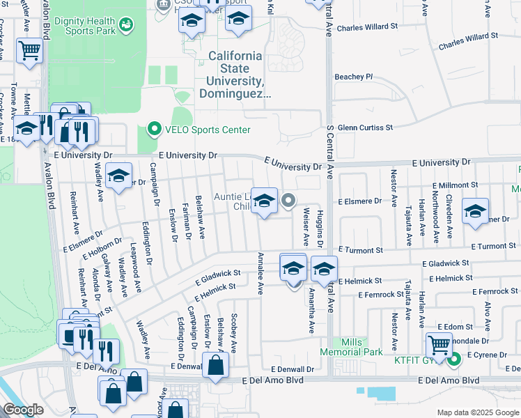 map of restaurants, bars, coffee shops, grocery stores, and more near 1115 East Kramer Drive in Carson