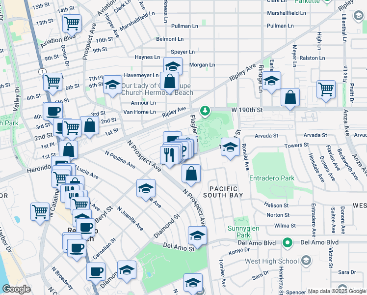 map of restaurants, bars, coffee shops, grocery stores, and more near 1303 Beryl Street in Redondo Beach