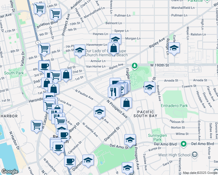 map of restaurants, bars, coffee shops, grocery stores, and more near 1216 Amethyst Street in Redondo Beach