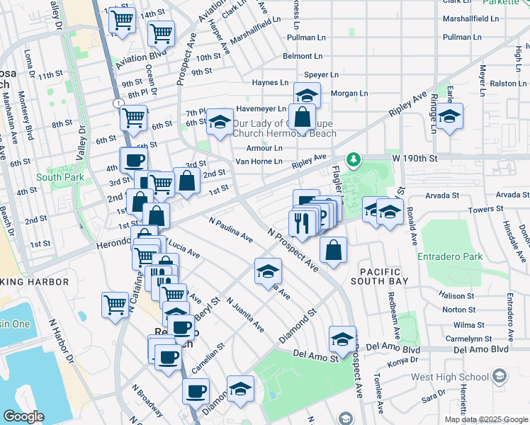 map of restaurants, bars, coffee shops, grocery stores, and more near 1201 Amethyst Street in Redondo Beach