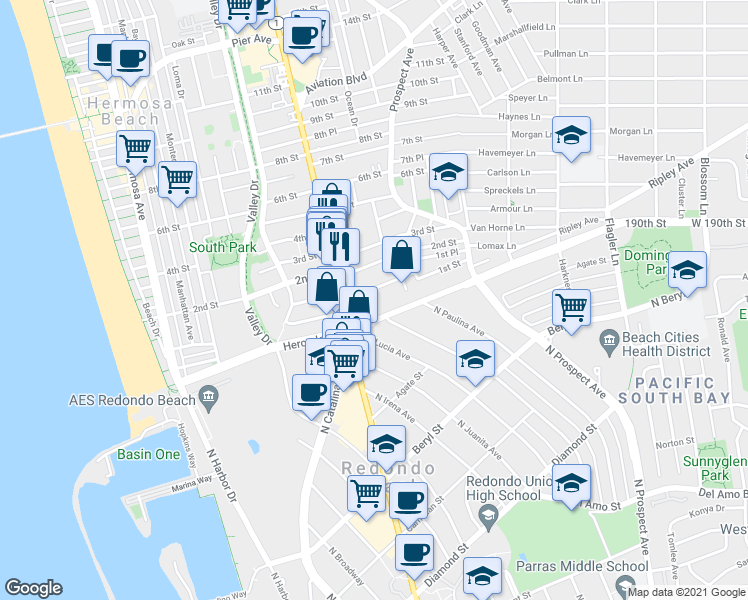 map of restaurants, bars, coffee shops, grocery stores, and more near 313 190th Street in Redondo Beach