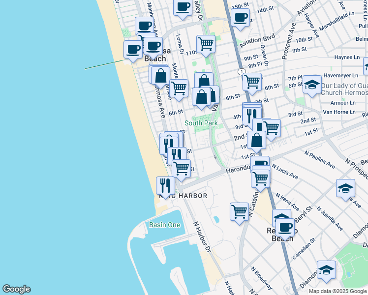 map of restaurants, bars, coffee shops, grocery stores, and more near 178 Bayview Drive in Hermosa Beach