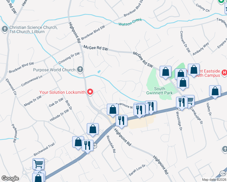 map of restaurants, bars, coffee shops, grocery stores, and more near 3149 Ashwood Grove Park in Snellville