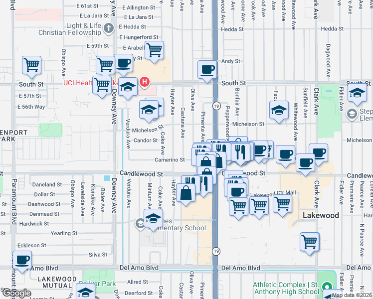 map of restaurants, bars, coffee shops, grocery stores, and more near 5403 Oliva Avenue in Lakewood