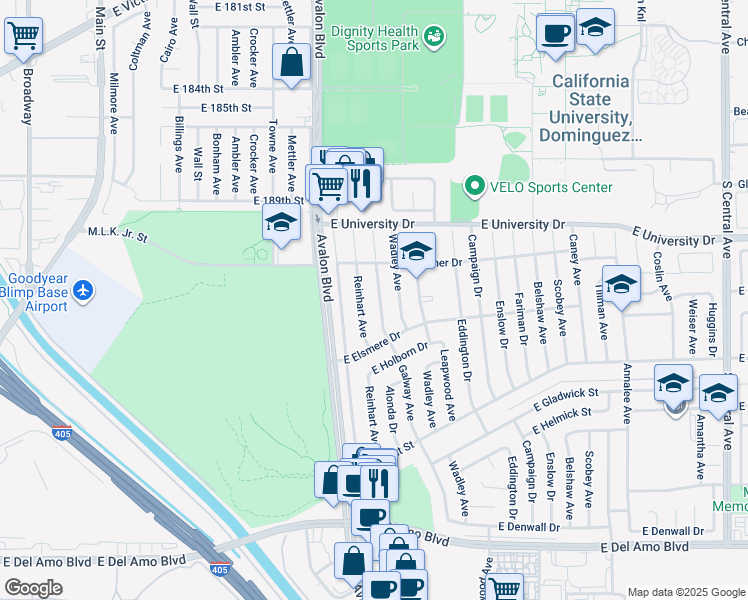map of restaurants, bars, coffee shops, grocery stores, and more near 19327 Galway Avenue in Carson