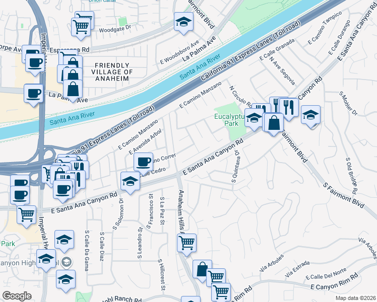 map of restaurants, bars, coffee shops, grocery stores, and more near 6124 East Camino Correr in Anaheim