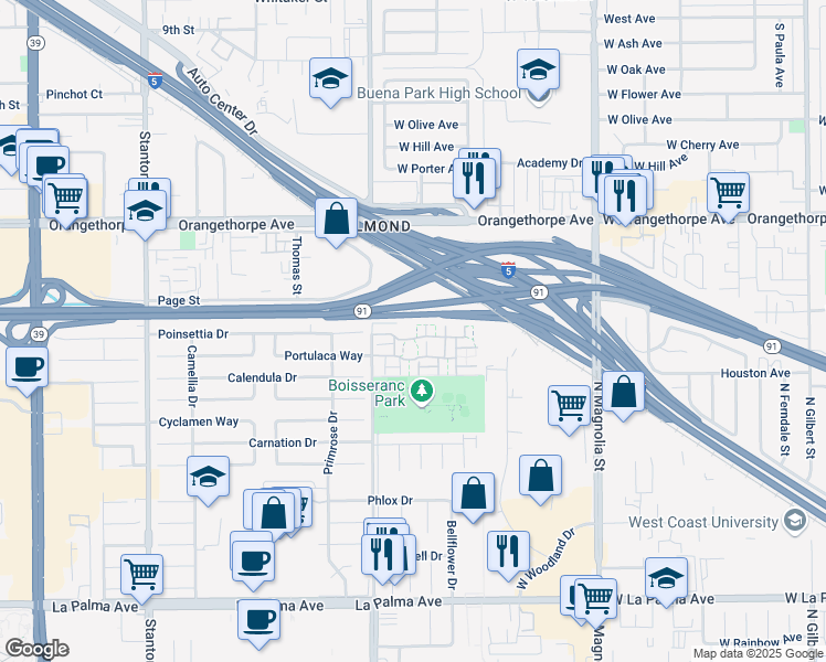 map of restaurants, bars, coffee shops, grocery stores, and more near in Anaheim