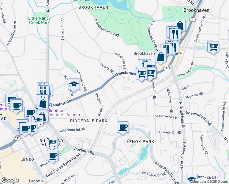 map of restaurants, bars, coffee shops, grocery stores, and more near 3755 Peachtree Road Northeast in Atlanta