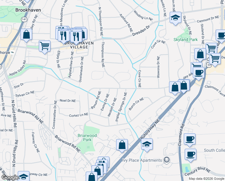map of restaurants, bars, coffee shops, grocery stores, and more near 2389 Ewing Drive Northeast in Atlanta