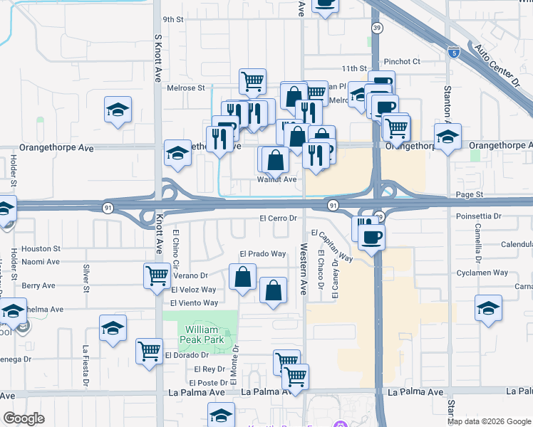 map of restaurants, bars, coffee shops, grocery stores, and more near 7426 El Camino Circle in Buena Park