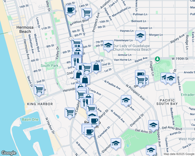 map of restaurants, bars, coffee shops, grocery stores, and more near 419 Anita Street in Redondo Beach