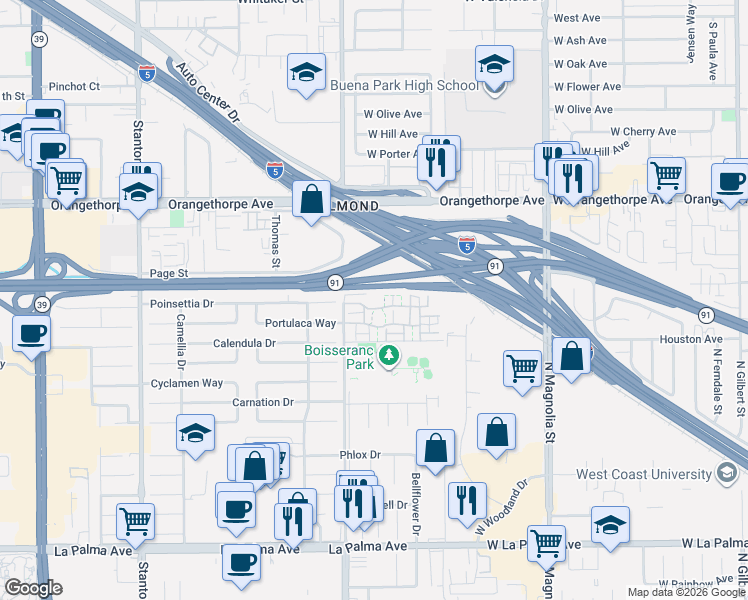 map of restaurants, bars, coffee shops, grocery stores, and more near 1421 North Greenhaven Lane in Anaheim