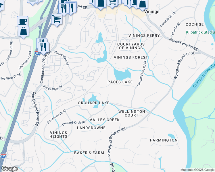 map of restaurants, bars, coffee shops, grocery stores, and more near 2847 Paces Lake Dr in Atlanta