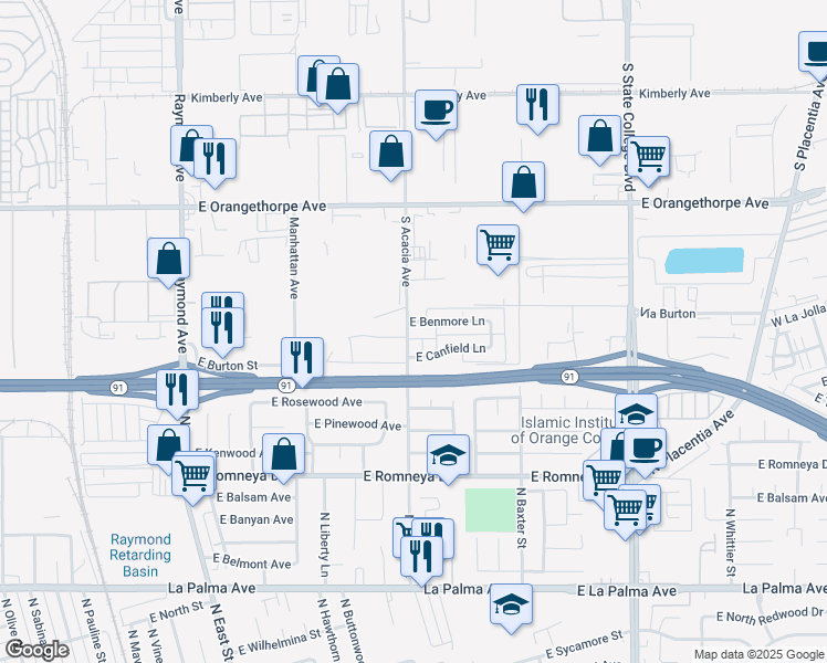 map of restaurants, bars, coffee shops, grocery stores, and more near 1466 East Blossom Lane in Anaheim