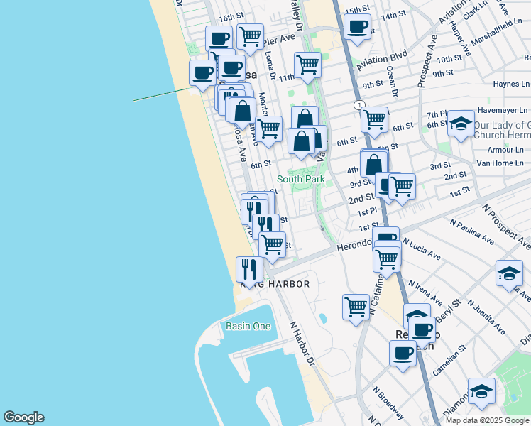 map of restaurants, bars, coffee shops, grocery stores, and more near 232 Palm Drive in Hermosa Beach