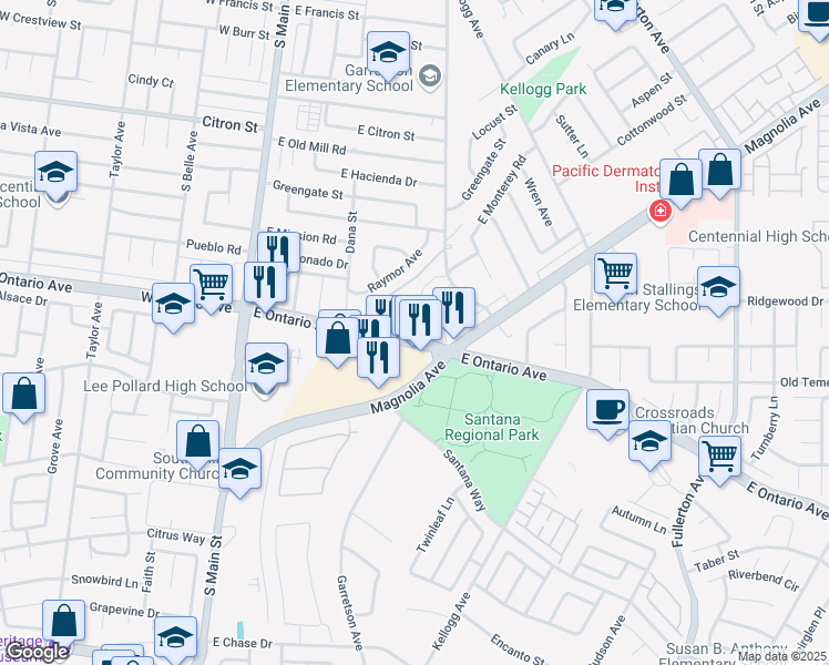 map of restaurants, bars, coffee shops, grocery stores, and more near 470 Annette Place in Corona