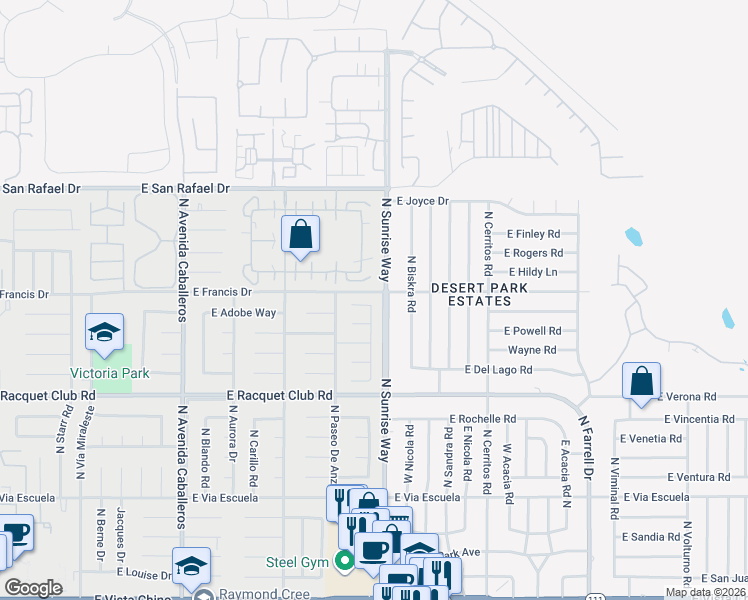 map of restaurants, bars, coffee shops, grocery stores, and more near 1702 Sienna Court in Palm Springs