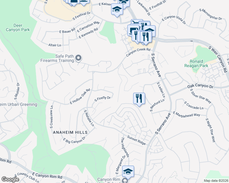 map of restaurants, bars, coffee shops, grocery stores, and more near 7885 East Hollow Oak Road in Anaheim