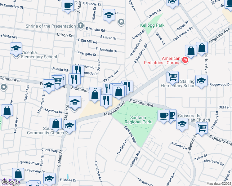 map of restaurants, bars, coffee shops, grocery stores, and more near 470 Annette Place in Corona